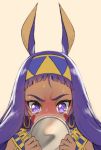  alternate_hairstyle animal_ears bangs blunt_bangs blush commentary earrings embarrassed english_commentary facial_mark fate/grand_order fate_(series) forehead frown grey_background hairband highres holding hoop_earrings jackal_ears jewelry long_hair mirror nitocris_(fate/grand_order) nose_blush purple_eyes purple_hair simple_background solo sweat sweating_profusely tearing_up tears tonee 