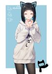  &gt;_&lt; :d ^_^ animal_ears black_hair black_legwear blue_background blue_nails blush cat_ears closed_eyes commentary_request cowboy_shot facing_viewer fingernails gems_company grey_hoodie hands_up haneru heart heart_hands hood hood_down hoodie long_sleeves mizushima_aoi_(virtual_youtuber) nail_polish open_mouth pantyhose signature smile solo standing two-tone_background virtual_youtuber white_background xd 