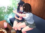  2girls black_hair blue_eyes blush bow bowtie breasts brown_hair cellphone couch drinking_straw food from_above highres holding holding_cellphone holding_phone indoors juice kiss large_breasts legs long_hair looking_at_another multiple_girls oekakizuki original phone school_uniform short_hair sitting skirt surprised table thighs uraaka_joshi_x_off-pako yuri 