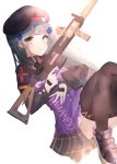  absurdres ankle_boots ar-15 assault_rifle backlighting bangs beret black_footwear black_hat black_legwear black_skirt bloom blunt_bangs blush boots eotech eyebrows_visible_through_hair girls_frontline gloves goggles goggles_around_neck green_eyes grey_hair gun hair_ornament hat heckler_&amp;_koch high_collar highres hk416 hk416_(girls_frontline) holding holding_gun holding_weapon jacket long_hair long_sleeves looking_at_viewer military military_uniform parted_lips pleated_skirt purple_jacket rifle silver_hair simple_background skirt solo sparkle strap thighhighs thighs trigger_discipline uniform weapon white_background white_gloves yanggang 