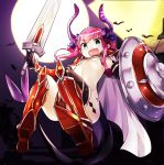  armor bikini_armor black_legwear blue_eyes breasts cape collarbone commentary_request elizabeth_bathory_(brave)_(fate) elizabeth_bathory_(fate)_(all) eyebrows_visible_through_hair fate/grand_order fate_(series) gloves hair_between_eyes hairband holding holding_shield holding_sword holding_weapon horns night open_mouth shield single_thighhigh small_breasts smile sword tail thighhighs underboob weapon yunekoko 