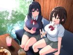  2girls black_hair blue_eyes bow bowtie breasts brown_hair cellphone couch drinking_straw food from_above happy highres holding holding_cellphone holding_phone indoors juice large_breasts legs long_hair looking_at_another multiple_girls oekakizuki open_mouth original phone school_uniform short_hair sitting skirt smile table thighs uraaka_joshi_x_off-pako yellow_eyes 