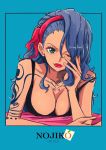  blue_background blue_eyes blue_hair border breasts character_name chin_rest cleavage closed_mouth commentary_request hairband large_breasts leaning_forward lipstick long_hair looking_at_viewer makeup nojiko one_eye_closed one_piece outside_border sherumaru_(korcht06) simple_background smile solo tattoo 