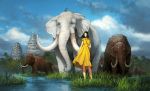  angkor_wat bag bird black_hair blue_sky cloud day elephant grass handbag mammoth original outdoors scenery short_hair sky standing temple tree tusks woolly_mammoth yoshida_seiji 