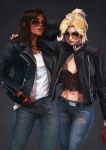  absurdres arm_around_shoulder blonde_hair blue_eyes breasts brown_hair casual choker commentary crop_top dark_skin denim ear_piercing english_commentary eye_of_horus facial_tattoo grey_background hand_in_pocket highres jacket jeans jewelry leather leather_jacket lips looking_at_viewer medium_breasts medium_hair mercy_(overwatch) monori_rogue multiple_girls navel nose open_clothes open_jacket overwatch pants pendant pharah_(overwatch) piercing ponytail ray-ban ring sunglasses tattoo zipper 