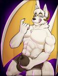  briefs bulge canine clothing grey_eyes horn hybrid leak looking_at_viewer male mammal muscular nozo.exe nozomyarts precum tongue tongue_out underwear wings wolf 