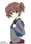  alisa_(girls_und_panzer) backpack bag bangs black_neckwear blazer blush brown_eyes brown_hair closed_mouth collared_shirt dated eyebrows_visible_through_hair flipper freckles girls_und_panzer grey_jacket hair_between_eyes hair_ornament head_tilt jacket looking_at_viewer looking_to_the_side necktie pleated_skirt red_skirt saunders_school_uniform shirt simple_background skirt smile solo star star_hair_ornament twitter_username two_side_up white_background white_shirt 
