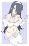  bikini black_hair blue_neckwear blue_ribbon breasts closed_mouth detached_collar donguri_suzume double_w elbow_gloves full_body gloves hair_over_one_eye hands_up head_tilt highres kneeling large_breasts legs_together long_hair looking_at_viewer navel neck_ribbon one_eye_covered original puffy_short_sleeves puffy_sleeves purple_background purple_bikini purple_eyes ribbon short_sleeves side-tie_bikini simple_background smile solo swimsuit thighhighs triangular_headpiece very_long_hair w white_gloves white_legwear 