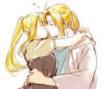  1girl antenna_hair arms_around_neck bangs blonde_hair blush couple edward_elric eyebrows_visible_through_hair fingernails floating_hair fullmetal_alchemist hand_on_another's_hip heart hetero hug kiss long_hair ponytail simple_background tsukuda0310 upper_body white_background winry_rockbell 