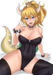 :d aori_sora arm_support armlet ass ass_visible_through_thighs bangs bare_arms bare_hips bare_shoulders black_collar black_legwear black_leotard black_nails blonde_hair blue_eyes bowsette bracelet breasts cleavage collar collarbone commentary covered_navel crown earrings english_commentary eyelashes fingernails hair_between_eyes hand_up high_ponytail highleg highleg_leotard highres horns jewelry large_breasts leaning_back leotard long_fingernails long_hair long_tongue looking_at_viewer mario_(series) mini_crown nail_polish new_super_mario_bros._u_deluxe open_mouth pointy_ears ponytail sharp_fingernails sharp_teeth sitting skin_tight smile solo spiked_armlet spiked_bracelet spiked_collar spiked_shell spiked_tail spikes spread_legs strapless strapless_leotard super_crown tail teeth thighhighs tongue tongue_out turtle_shell 