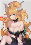  absurdres armlet bare_shoulders black_dress black_leotard blonde_hair blue_eyes bowsette bracelet breasts collar commentary_request crown dress earrings fire grin highres horns jewelry kujou_ichiso large_breasts leotard mario_(series) new_super_mario_bros._u_deluxe pointy_ears ponytail sharp_teeth skirt smile spiked_bracelet spiked_collar spiked_shell spikes strapless strapless_dress strapless_leotard super_crown super_mario_bros. tail teeth transformation turtle_shell 