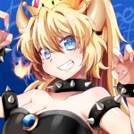  bare_shoulders black_dress blonde_hair blue_eyes blush bowsette bracelet breasts cleavage collar collarbone crown dress earrings eyebrows_visible_through_hair fire hago horns jewelry large_breasts looking_at_viewer mario_(series) nail_polish new_super_mario_bros._u_deluxe parted_lips ponytail smile solo spiked_bracelet spiked_collar spikes super_crown teeth upper_body white_nails 
