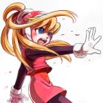  1girl blonde_hair blue_eyes blush breasts capcom ciel_(rockman) female gloves hair_between_eyes long_hair open_mouth outstretched_arm pink_skirt rockman rockman_zero simple_background skirt small_breasts solo teeth tentokki tongue white_background white_gloves 