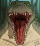  2018 anthro close-up crocodile crocodilian green_scales jaw looking_at_viewer male mouth_shot nevolsky open_mouth reptile saliva scales scalie sharp_teeth smile solo tan_scales tarvash teeth throat tongue yellow_eyes 