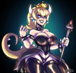  1girl bare_shoulders black_legwear black_lipstick blonde_hair blue_background blue_eyes bowsette bracelet breasts cleavage collar collarbone corset crown earrings eyeshadow gradient gradient_background grin horns jewelry large_breasts lipstick long_hair makeup mario_(series) nail_polish new_super_mario_bros._u_deluxe nintendo pointy_ears ponytail shadowblackfox smile solo spiked_bracelet spiked_collar spikes staff standing super_crown tail thighhighs thong 