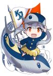  :d animal arm_up bangs baseball_cap blue_eyes blue_jacket chibi commentary_request copyright_request fish fish_hat flag grey_hair hair_between_eyes hand_on_headwear hat highres holding holding_flag jacket long_hair long_sleeves omucchan_(omutyuan) open_mouth pleated_skirt red_eyes red_footwear shoes skirt smile solo standing twintails uneven_twintails very_long_hair white_background yellow_skirt 