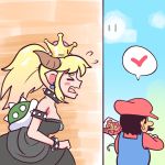  1girl 1koma absurdres bare_shoulders black_dress black_hair blonde_hair blue_overalls blush_stickers bouquet bowsette bracelet brooch cloud collar comic commentary crown day dress earrings facial_hair fang flower flying_sweatdrops gimme2000 hat heart highres holding_skirt horns jewelry long_ponytail looking_at_watch mario mario_(series) mustache new_super_mario_bros._u_deluxe outdoors pointy_ears red_hat red_shirt running shirt sleeveless sleeveless_dress spiked_armlet spiked_bracelet spiked_collar spiked_shell spiked_tail spikes spoken_heart strapless strapless_dress super_crown sweatdrop tail thick_eyebrows turtle_shell 