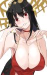  absurdres alcohol azur_lane bangs bare_shoulders black_hair blush breasts burai_yuuki champagne champagne_flute choker cleavage cocktail_dress collarbone cup dress drinking_glass eyebrows_visible_through_hair finger_to_mouth hair_between_eyes hair_ornament head_tilt highres large_breasts leaning_forward long_hair looking_at_viewer parted_lips red_choker red_dress red_eyes simple_background smile solo taihou_(azur_lane) white_background wide-eyed 