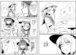  bow capelet closed_eyes collared_shirt comic crossed_legs cup ebizome greyscale hat hat_bow hat_ribbon holding holding_cup low_twintails luize monochrome multiple_girls nagae_iku open_mouth ribbon shirt short_twintails sidelocks sitting smile touhou touhou_(pc-98) translation_request twintails 