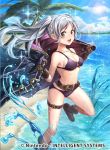  beach belt bikini boots breasts brown_eyes brown_footwear chachie cleavage cloud cloudy_sky collarbone commentary_request company_connection copyright_name day female_my_unit_(fire_emblem:_kakusei) fire_emblem fire_emblem:_kakusei fire_emblem_cipher fire_emblem_heroes gloves jewelry leg_up light_particles long_hair looking_at_viewer medium_breasts my_unit_(fire_emblem:_kakusei) navel necklace o-ring o-ring_bikini o-ring_top ocean official_art outdoors palm_leaf palm_tree purple_bikini shiny silver_hair sky smile solo sunlight swimsuit thigh_strap tree twintails water 