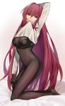 arm_up bed bodysuit bodysuit_under_clothes breasts chinese_commentary commentary_request covered_navel fate/grand_order fate_(series) hair_intakes highres kneeling large_breasts long_hair looking_at_viewer mouth_hold purple_hair red_eyes ribbed_sweater scathach_(fate)_(all) scathach_(fate/grand_order) sweater turtleneck turtleneck_sweater vic 