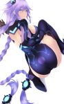  ass bare_back black_gloves braid breasts cait choujigen_game_neptune commentary eyebrows_visible_through_hair eyes_visible_through_hair gloves hair_ornament highres kneeling large_breasts long_hair looking_at_viewer looking_back navel neptune_(series) power_symbol purple_hair purple_heart simple_background solo symbol-shaped_pupils twin_braids very_long_hair white_background 