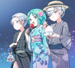  alternate_costume amimi androgynous antarcticite aqua_eyes aqua_hair bag bagged_fish blue_eyes blue_hair blue_kimono cairngorm_(houseki_no_kuni) candy_apple eyebrows_visible_through_hair eyes_visible_through_hair festival fish flower food goldfish green_eyes green_hair hair_flower hair_ornament hair_over_one_eye hat houseki_no_kuni japanese_clothes kimono long_bangs multiple_others obi phosphophyllite rice sash shaved_ice short_hair silver_eyes silver_hair spoon standing sweatdrop white_eyes white_hair yukata 