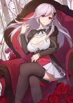  arm_across_waist azur_lane bangs blush breasts brown_legwear butterfly_hair_ornament cleavage cleavage_cutout closed_mouth commentary_request crossed_legs dress dunkerque_(azur_lane) eyebrows_visible_through_hair floating_hair grey_hair hair_ornament hair_ribbon hand_up highres juliet_sleeves large_breasts long_hair long_sleeves looking_at_viewer petals pink_eyes puffy_sleeves ribbon sidelocks sitting smile solo thighhighs thighs tress_ribbon youxuemingdie 