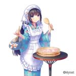  apron aqua_kimono bangs black_hair blue_eyes blunt_bangs blush bucket commentary_request company_name cowboy_shot fan floral_print food_request hair_ornament hat hat_ornament head_scarf highres japanese_clothes kimono long_hair looking_at_viewer maid_apron maid_cap official_art ohitsu otosume_ruiko paper_fan rice_spoon sangoku_infinity smile solo spoon standing table uchiwa very_long_hair wa_maid white_hat wide_sleeves wooden_bucket wooden_spoon x_hair_ornament 