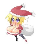 1girl alexi_(tits!) blonde_hair blush boots breasts cleavage hat large_breasts looking_at_viewer open_mouth purple_eyes santa_boots santa_costume santa_hat solo text_focus translated 