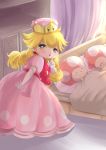  2boys absurdres aima_yura bed blonde_hair bow braid canopy_bed crown dress earrings elbow_gloves eyebrows_visible_through_hair finger_to_mouth glasses gloves grey_eyes highres jewelry looking_at_viewer looking_back mario_(series) multiple_boys new_super_mario_bros._u_deluxe peachette pink_dress puffy_short_sleeves puffy_sleeves short_sleeves shushing super_crown toad toadette twin_braids 