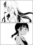  2koma bangs bare_shoulders blush braid collarbone comic commentary_request freckles greyscale hattori_mitsuru head_rest kaijuu_iro_no_shima long_hair monochrome multiple_girls nail_polish parted_lips profile silent_comic swimsuit twin_braids upper_body wet white_background 