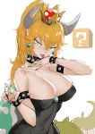  armlet bamuth bangs bare_shoulders black_dress black_nails blonde_hair blue_eyes bowsette bracelet breasts cleavage collar commentary_request crown dress earrings hair_between_eyes highres horns jewelry large_breasts magic_trick mario_(series) marker_(medium) nail_polish new_super_mario_bros._u_deluxe pointy_ears ponytail sharp_teeth sidelocks solo spiked_bracelet spiked_collar spiked_shell spiked_tail spikes strapless strapless_dress super_crown tail teeth traditional_media turtle_shell white_background 