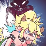  1girl 1koma absurdres bangs bare_shoulders black_dress blonde_hair blood blood_from_mouth blue_eyes bowsette brooch collar comic commentary criminal_(meitantei_conan) crown dress earrings emphasis_lines fang gimme2000 grin hair_between_eyes highres hitting horns jewelry long_ponytail mario_(series) meitantei_conan new_super_mario_bros._u_deluxe pointy_ears sharp_teeth silhouette smile spiked_armlet spiked_collar spiked_shell spiked_tail spikes super_crown tail tearing_up tears teeth thick_eyebrows turn_pale turtle_shell violence weapon 
