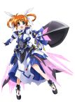  armor armored_dress black_gloves black_legwear blush bow brown_hair fingerless_gloves floating_hair full_body gloves hair_bow highres holding holding_weapon looking_at_viewer lyrical_nanoha mahou_shoujo_lyrical_nanoha mahou_shoujo_lyrical_nanoha_the_movie_3rd:_reflection open_mouth purple_eyes shiny shiny_hair simple_background socks solo takamachi_nanoha twintails weapon white_background white_bow yorousa_(yoroiusagi) 