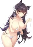  alternate_costume animal_ears arm_under_breasts atago_(azur_lane) azur_lane bangs bikini black_hair blush breasts brown_eyes closed_mouth collarbone commentary extra_ears eyebrows_visible_through_hair groin hair_ribbon highres holding_string ikomochi large_breasts leaning_forward long_hair looking_at_viewer mole mole_under_eye mouth_hold navel ribbon side-tie_bikini simple_background skindentation smile solo stomach swept_bangs swimsuit thighs untied untied_bikini untied_bikini_top white_background white_bikini white_ribbon 