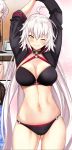  ahoge arms_behind_back ass_visible_through_thighs bangs bikini black_bikini black_choker black_gloves black_jacket blush breasts choker cleavage comic commentary_request cowboy_shot cropped_jacket eyebrows_visible_through_hair fate/grand_order fate_(series) gloves hair_between_eyes jacket jeanne_d'arc_(alter_swimsuit_berserker) jeanne_d'arc_(fate)_(all) large_breasts long_hair looking_at_viewer multicolored multicolored_background navel o-ring o-ring_bikini o-ring_bottom o-ring_top shrug_(clothing) silver_hair smile swimsuit untsue yellow_eyes 