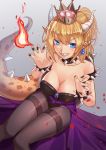  bangs bare_shoulders black_leotard black_nails blonde_hair blue_eyes blush bowsette bracelet breasts brooch cinders claw_pose cleavage collar collarbone crown earrings eyebrows_visible_through_hair fingernails fire grin hair_between_eyes highleg highleg_leotard highres horns jewelry large_breasts leotard looking_at_viewer mario_(series) nail_polish new_super_mario_bros._u_deluxe pantyhose pointy_ears ponytail sharp_fingernails sharp_teeth shiny shiny_clothes shiny_hair sidelocks sitting smile solo spiked_armlet spiked_bracelet spiked_collar spiked_shell spiked_tail spikes super_crown tail teeth thighband_pantyhose tsurime waist_cape whitecrow4444 