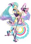  :d absurdres azuma_kazamori blue_eyes blue_hair bow detached_sleeves earrings eyebrows_visible_through_hair floating_hair gradient_hair hair_bow hair_ornament hatsune_miku highres jewelry kneehighs leg_up long_hair looking_at_viewer magical_mirai_(vocaloid) megaphone multicolored_hair musical_note open_mouth pink_hair shiny shiny_hair skirt smile solo standing standing_on_one_leg twintails two-tone_hair very_long_hair vocaloid white_bow 