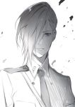  greyscale gundam gundam_wing gundam_wing_endless_waltz hair_over_one_eye highres looking_at_viewer male_focus miwa_shirou monochrome necktie short_hair solo trowa_barton 