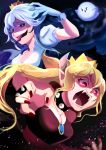  &gt;_&lt; :d angry attack bangs black_dress black_eyes blonde_hair blush boo bowsette bracelet breasts brooch cleavage collar colored_eyelashes danjou_yoshikage dress gloves glowing glowing_eyes hair_between_eyes highres horns jewelry lavender_hair light_particles long_hair long_ponytail luigi's_mansion mario_(series) medium_breasts multiple_girls nail_polish new_super_mario_bros._u_deluxe open_mouth pointy_ears princess_king_boo puffy_short_sleeves puffy_sleeves purple_tongue red_eyes red_nails saliva screaming shaded_face sharp_teeth short_sleeves sidelocks slit_pupils smile spiked_bracelet spiked_collar spikes strapless strapless_dress super_crown swept_bangs teeth tongue tongue_out upper_body white_dress xd 