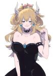  absurdres arm_up bangs bare_shoulders black_dress blonde_hair blue_eyes blush bowsette breasts brooch claw_pose collar collarbone commentary_request covered_navel crown dress earrings fingernails hair_between_eyes higashino highres jewelry large_breasts long_fingernails long_ponytail looking_at_viewer mario_(series) nail_polish new_super_mario_bros._u_deluxe simple_background sleeveless sleeveless_dress smile solo spiked_armlet spiked_collar spikes strapless strapless_dress super_crown white_background wide_ponytail 