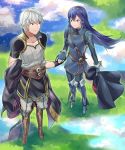  1girl a_meno0 armor belt black_gloves blue_eyes blue_footwear blue_gloves blue_hair blue_sky blush boots brown_eyes brown_footwear closed_mouth collarbone day fingerless_gloves fire_emblem fire_emblem:_kakusei fire_emblem_heroes full_body gloves grass holding holding_hands knee_boots long_hair long_sleeves looking_at_another lucina male_my_unit_(fire_emblem:_kakusei) my_unit_(fire_emblem:_kakusei) outdoors pants puddle reflection short_sleeves silver_hair sky smile standing tiara turtleneck 