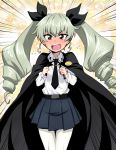  anchovy angry anzio_school_uniform bangs belt black_belt black_cape black_neckwear black_ribbon black_skirt blush cape commentary_request dress_shirt drill_hair emblem emphasis_lines eyebrows_visible_through_hair flying_sweatdrops frown full-face_blush girls_und_panzer green_hair hair_ribbon highres holding long_hair long_sleeves looking_at_viewer miniskirt nakahira_guy necktie open_mouth pantyhose pleated_skirt red_eyes ribbon riding_crop school_uniform shirt skirt solo standing twin_drills twintails v-shaped_eyebrows white_legwear white_shirt yellow_background 
