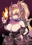  1girl blonde_hair bowsette breasts collar crown dress erect_sawaru female fire horns huge_breasts long_hair looking_at_viewer mario_(series) new_super_mario_bros._u_deluxe nintendo shiny shiny_skin simple_background solo super_crown super_mario_bros. tail upper_body weapon 