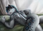  anthro biped bracelet english_text feline fur hair jewelry leopard licking licking_lips looking_back lying male mammal moon-s nude on_front signature snow_leopard solo spots spotted_fur text tongue tongue_out victory_(texdot) 