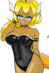  1girl armlet bae_shoulders bangs black_leotard blonde_hair blue_eyes bowsette bracelet breasts chaoschrome cleavage collar crown dark_skin eyebrows_visible_through_hair gem horns jewelry large_breast leotard long_hair looking_at_viewer mario_(series) new_super_mario_bros._u_deluxe nintendo smug solo spiked_bracelet spiked_collar spikes strapless strapless_leotard super_crown super_mario_bros. tail tan thighs turtle_shell 