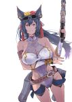  bare_shoulders belt black_hair breasts bridal_gauntlets brown_eyes eyewear_on_head granblue_fantasy highres ilsa_(granblue_fantasy) kiriyama large_breasts long_hair looking_at_viewer simple_background solo sunglasses swimsuit thighs white_background white_swimsuit 