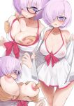  blush breast_grab breasts cleavage collarbone commentary_request dress fate/grand_order fate_(series) glasses grabbing hair_over_one_eye highres large_breasts lavender_hair male_hand mash_kyrielight nipple_tweak nipples purple_eyes ronna white_dress 