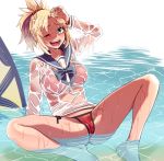  bikini blonde_hair cameltoe commentary_request fate/grand_order fate_(series) green_eyes mordred_(fate)_(all) mordred_(swimsuit_rider)_(fate) one_eye_closed open_mouth ponytail red_bikini school_uniform serafuku spread_legs swimsuit water wet wet_clothes yukataro 